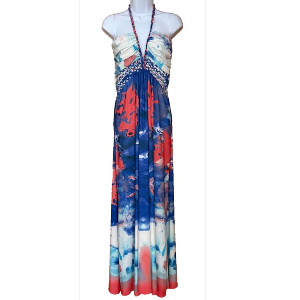 Cynthia Rowley Halter Maxi Dress sz XL Y2K 2000s Nautical Wedding Mermaidcore